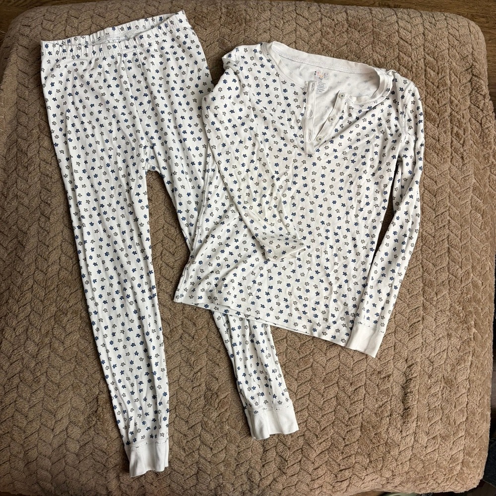 Roller Rabbit Pajama Set Size 10 White Blue Star Pima Cotton Henley Snug Fit